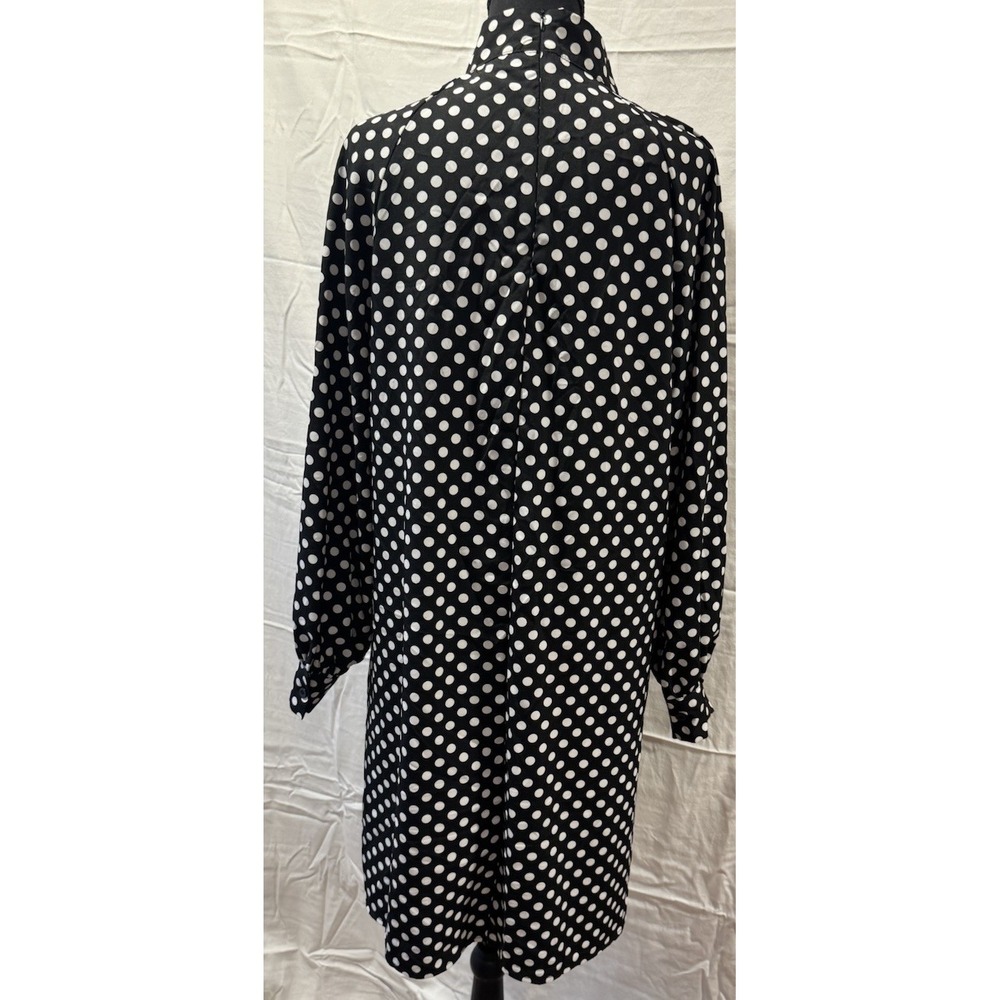 Women's Black White Polka Dot Mock Neck Long Sleeve Shift Knee Dress L/XL - Picture 2 of 6